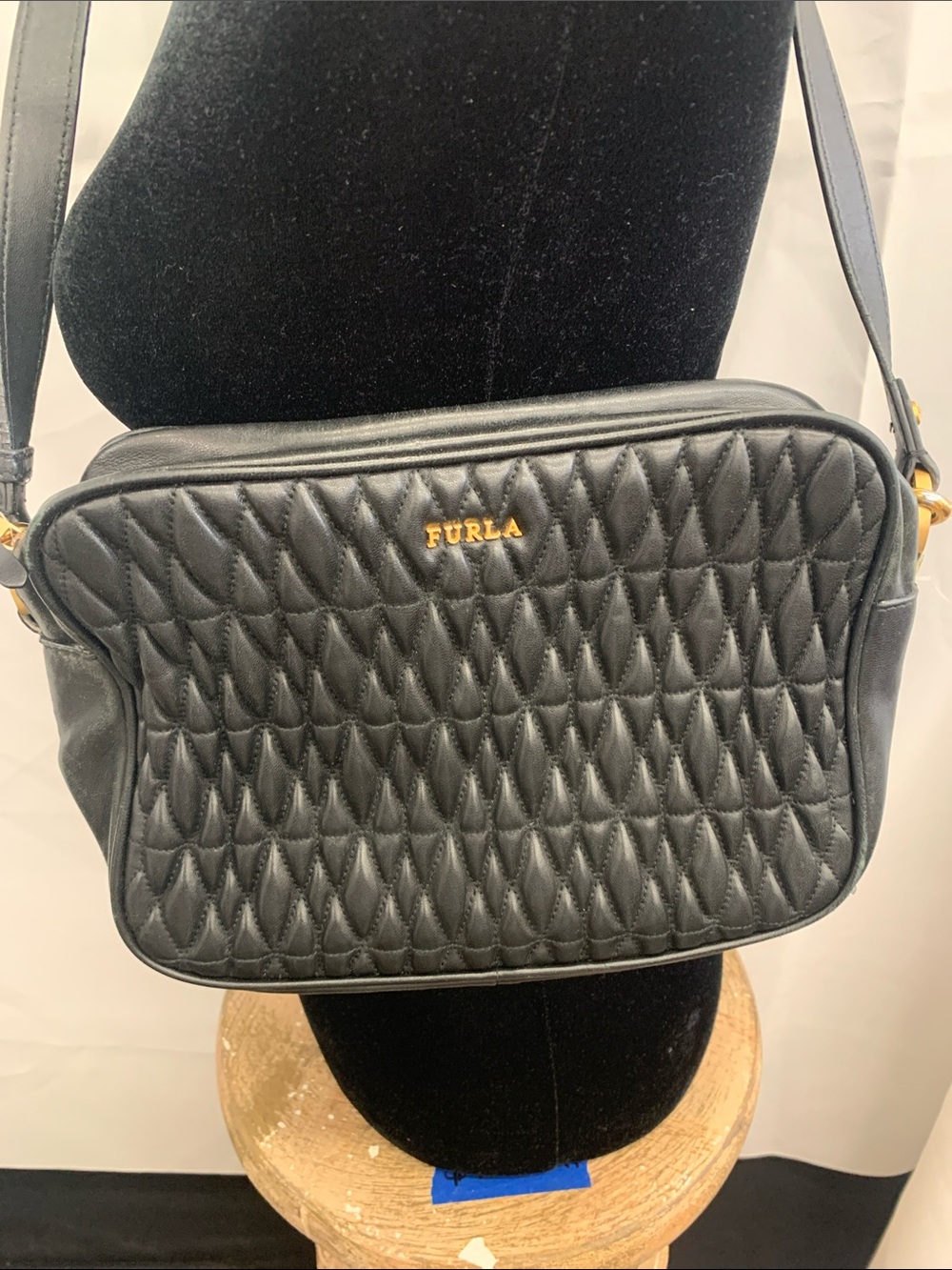 Furla Black Quilted Camera Crossbody with Gold Logo